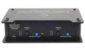 The Glensound AoIP2M is a professional 2-channel microphone amplifier designed for Dante/AES67 audio networks.