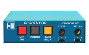 The Henry Engineering SPORTS POD is an announcer’s mic/headphone controller and intercom system for use by talent at a remote broadcast.