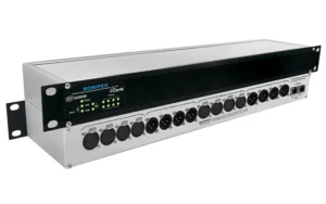 The Sonifex AVN-AESIO8R Audio Converter and interface converts up to 8 digital stereo AES3 inputs and 8 digital stereo AES3 outputs to and from Dante.